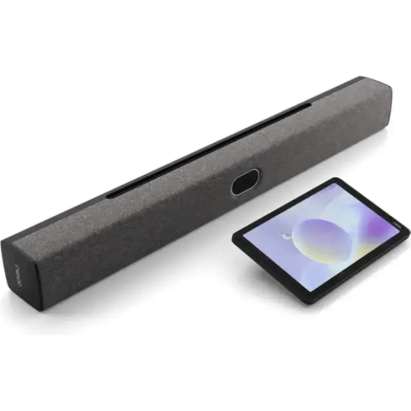 Bluetooth soundbar with wireless speaker and touchscreen display for meetings.